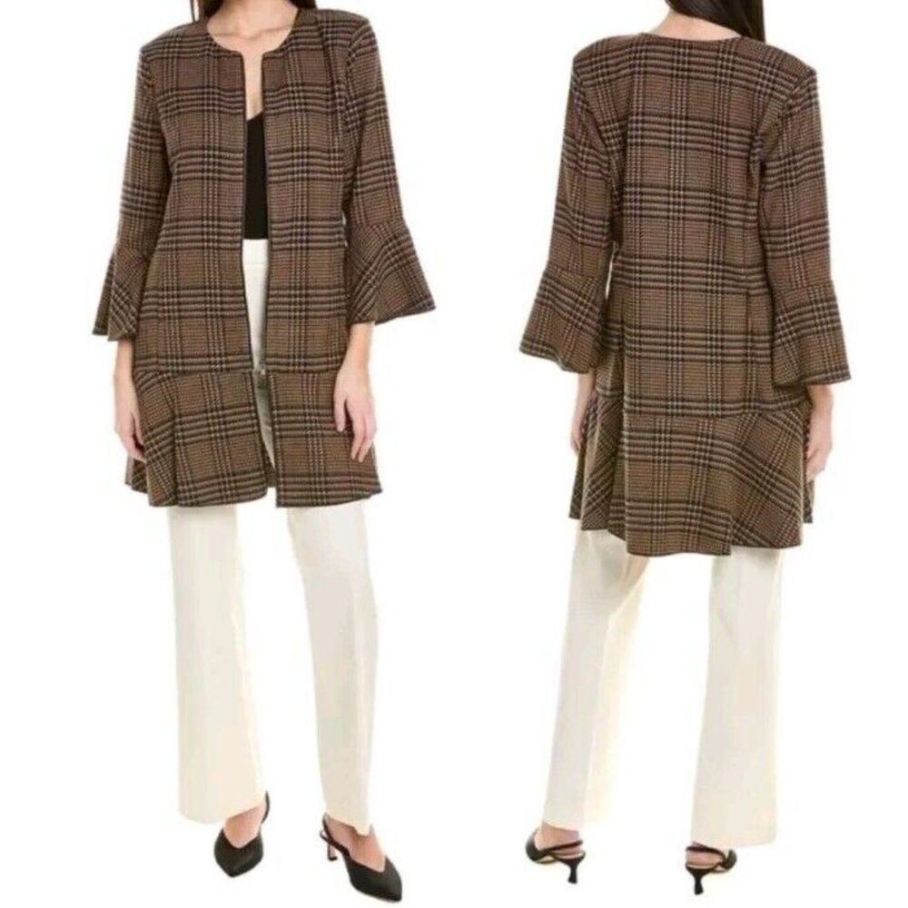 Cabi Flounce Jacket Dress Coat #3902 Tan Brown Navy Tartan Plaid Sz S NWT